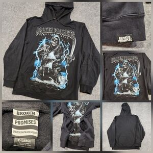 Broken Promises Emotional Wave Mens XL Grim Reaper Death Lightning Black Hoodie